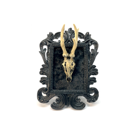 Small Black Resin Square Frame with Resin Deer Skull on Black Velvet Gothic Home Deco