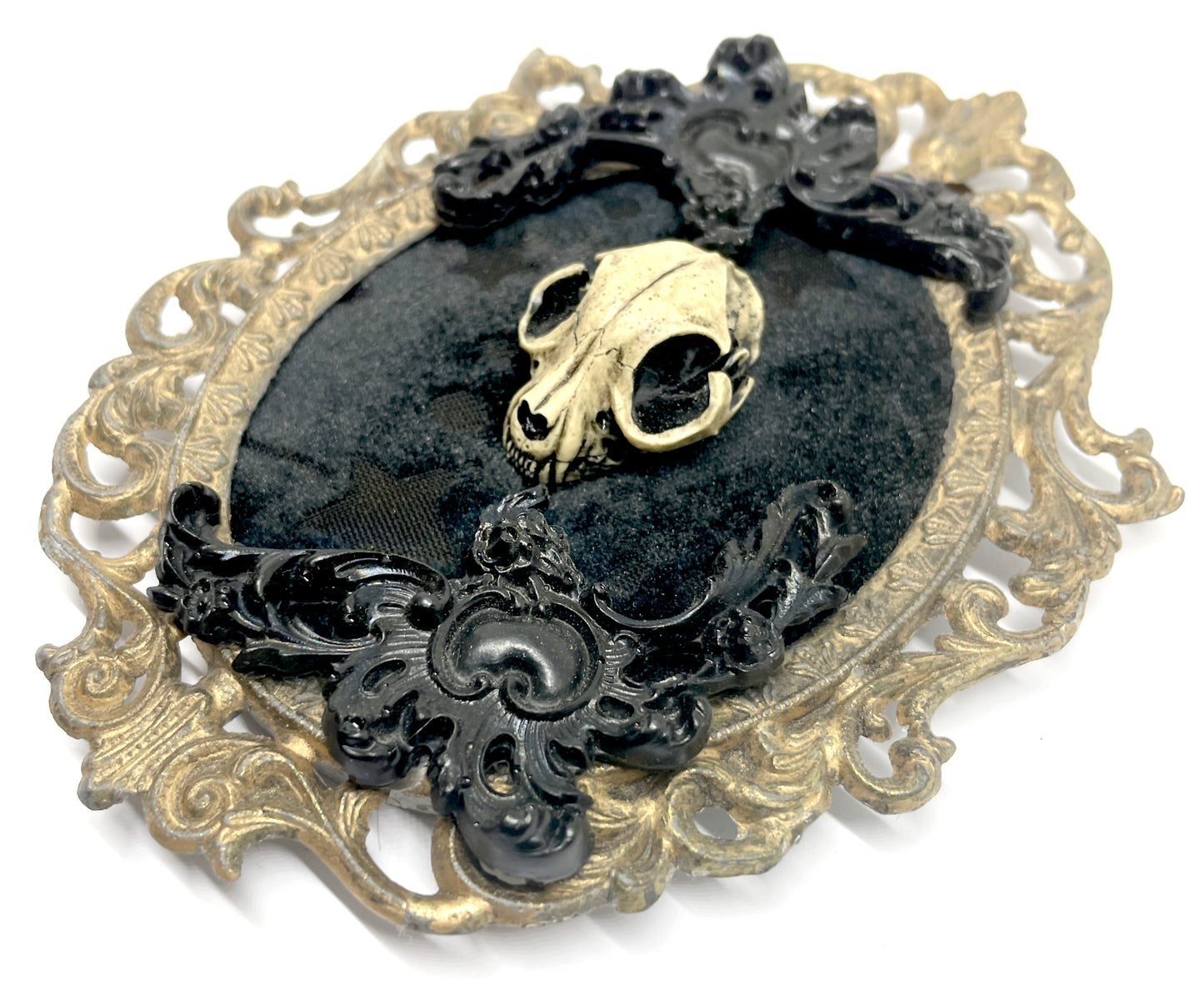 Cat Skull on Black Velvet Antique Framed Gothic Home Deco
