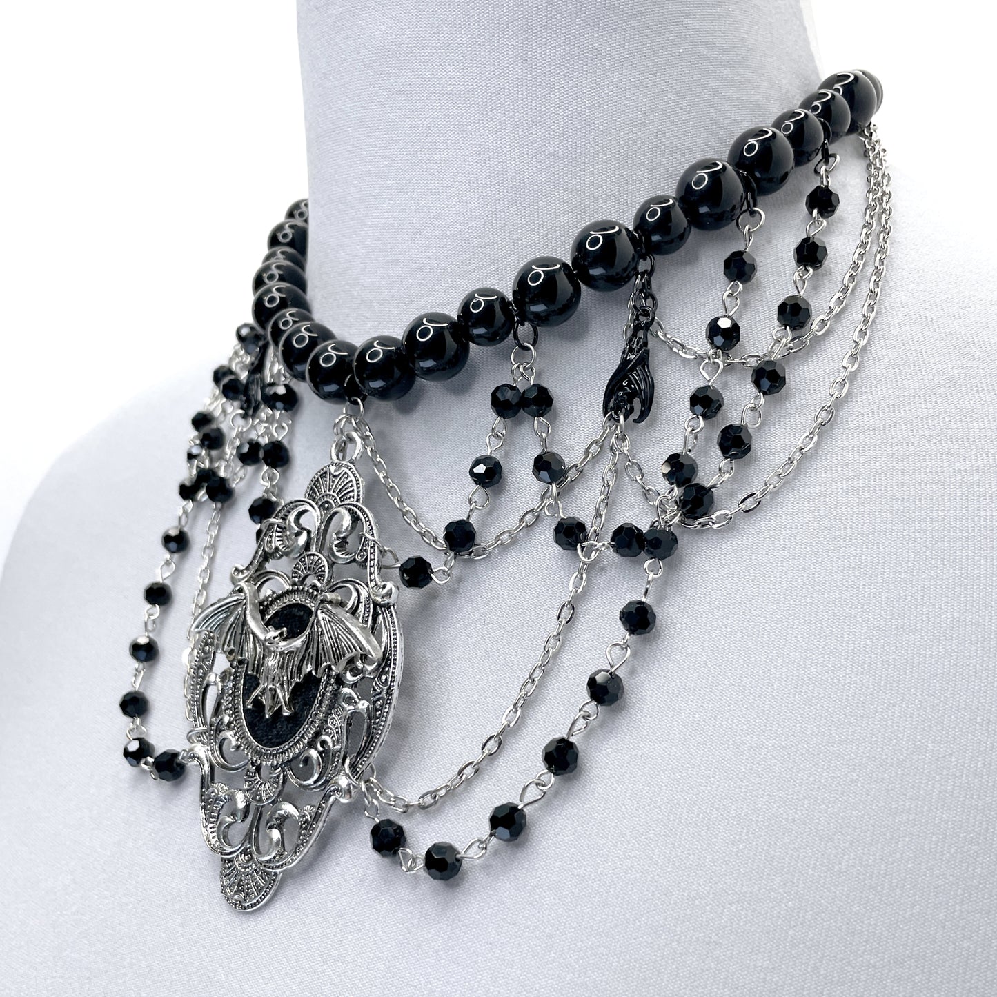 Silver and Black Multi-Strand Gothic Necklace with Bat