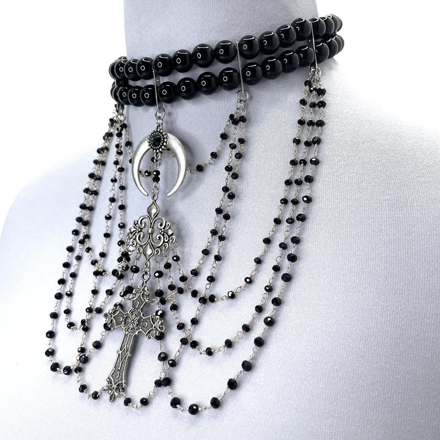 Black Bead Choker with Moon and Cross Multistrand Gothic Necklace