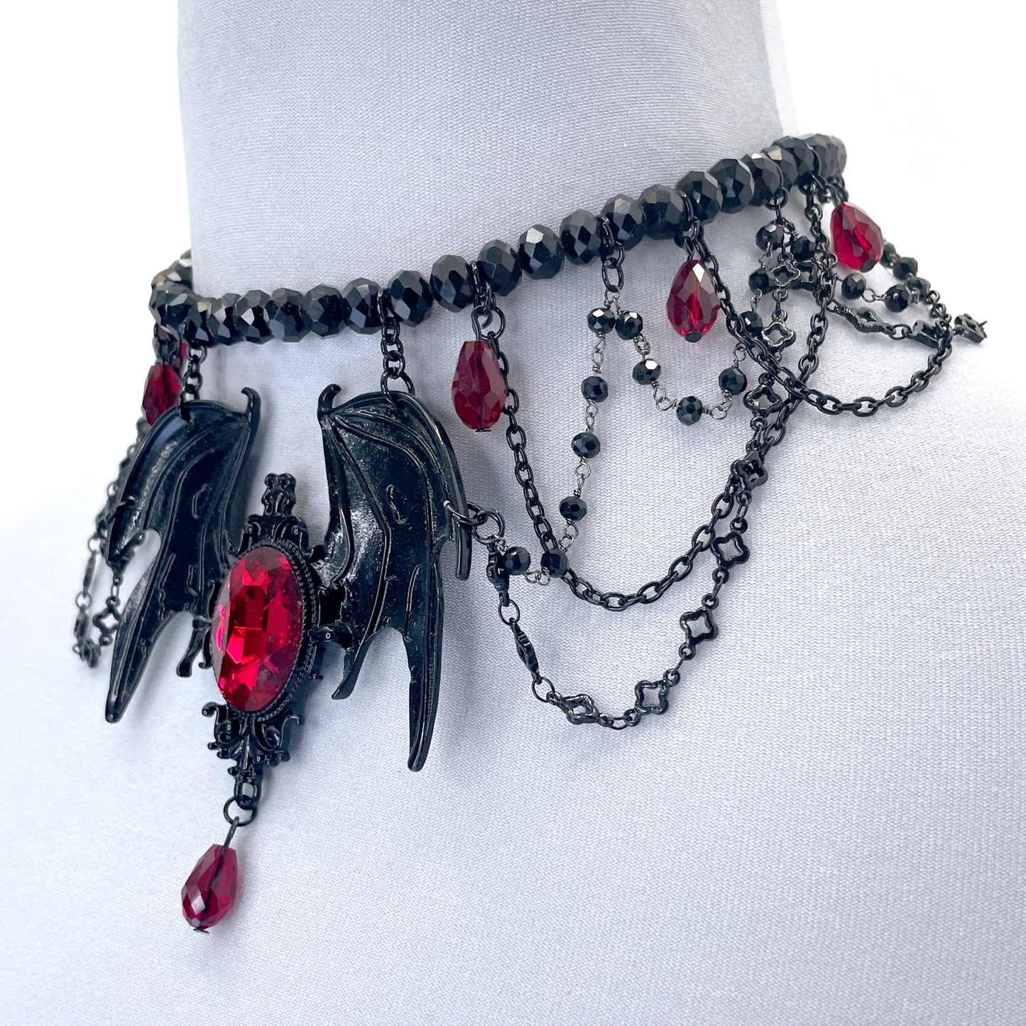 Black and Red Beaded Gothic Necklace with Large Wings Pendant