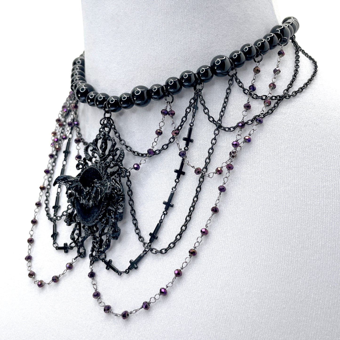 Black Beaded Gothic Necklace with Purple Bead Chain and Bat