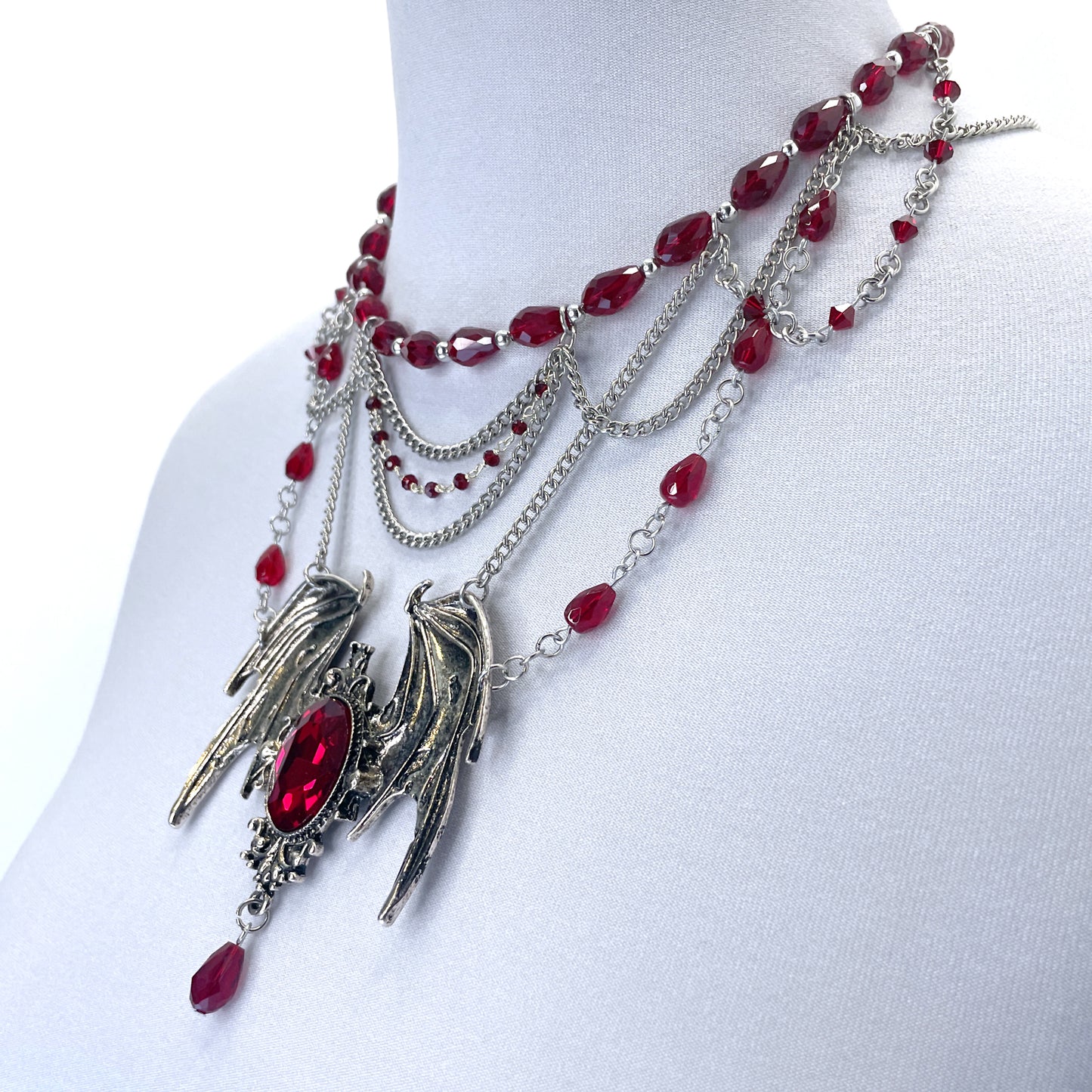 Red and Silver Dragon/Bat Wing Gothic Necklace