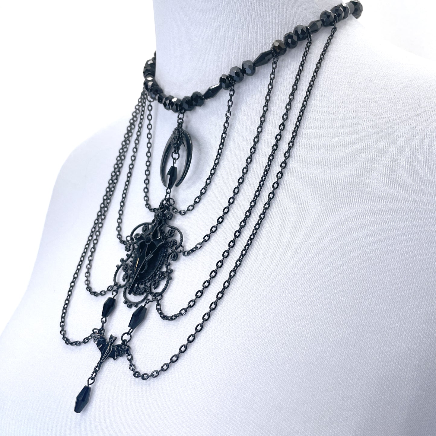 Black Multi-Strand Gothic Necklace with Moon, Cross, and Bat