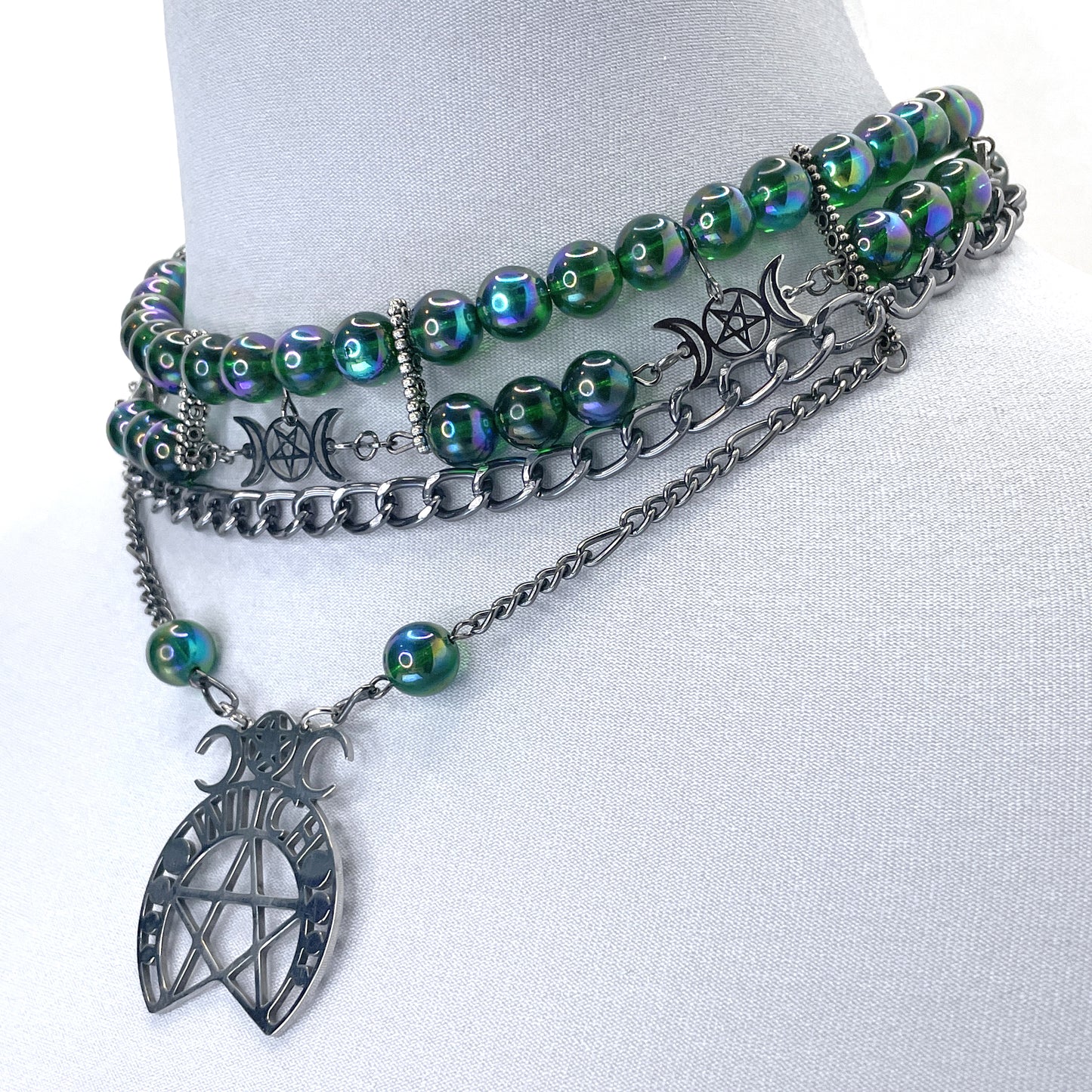 Iridescent Green Beaded Choker with Silver Crescent Moons and Pentacles Gothic Necklace