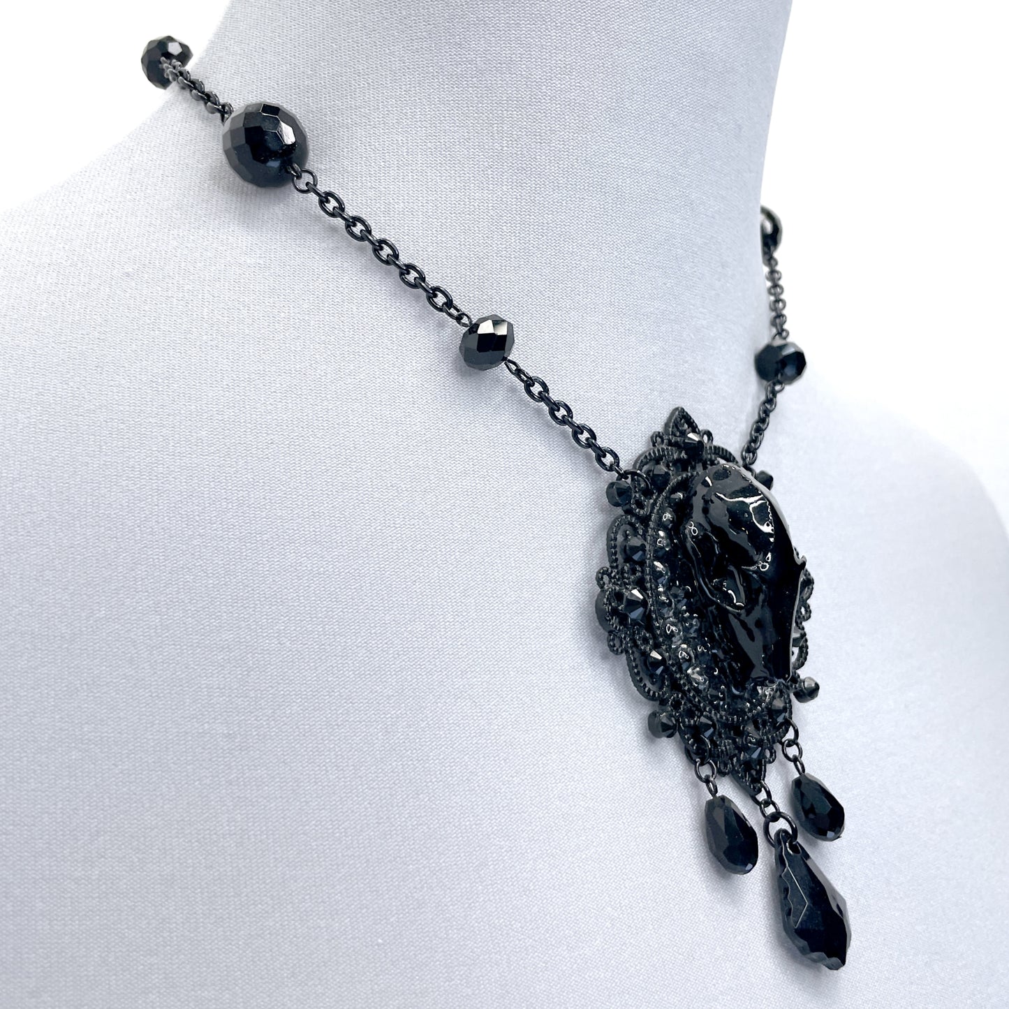 Black Bat Skull and Beads Gothic Necklace