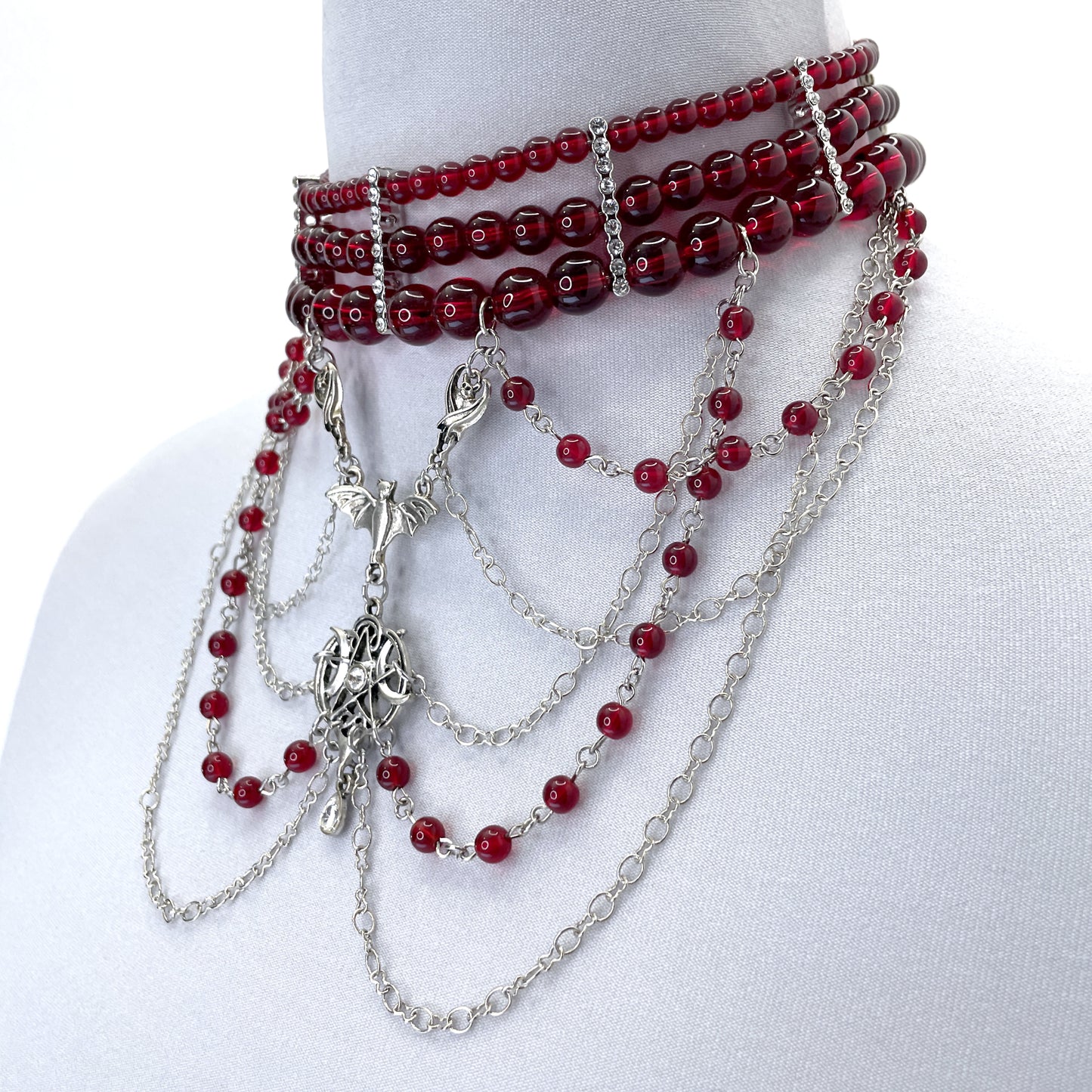 Red Bead Choker with Bats and Pentacle Multistrand Gothic Necklace