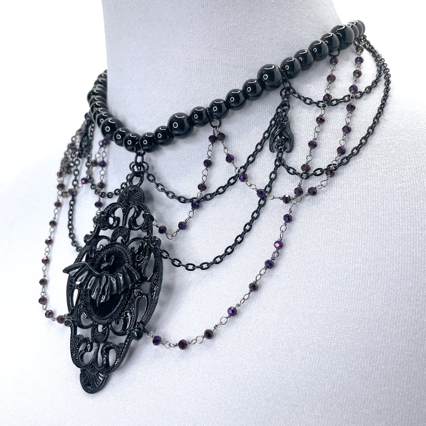 Black and Purple Beaded Gothic Necklace with Bat