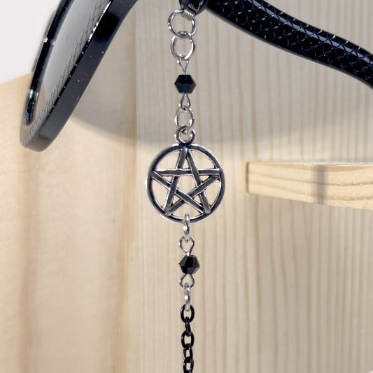 Silver Pentacle with Black Beads and Black Chain for Glasses