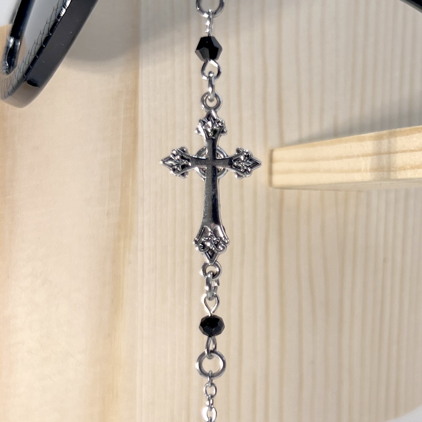 Silver Gothic Cross with Black Beads and Silver Chain for Glasses