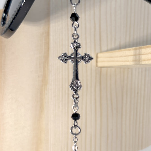 Silver Gothic Cross with Black Beads and Silver Chain for Glasses