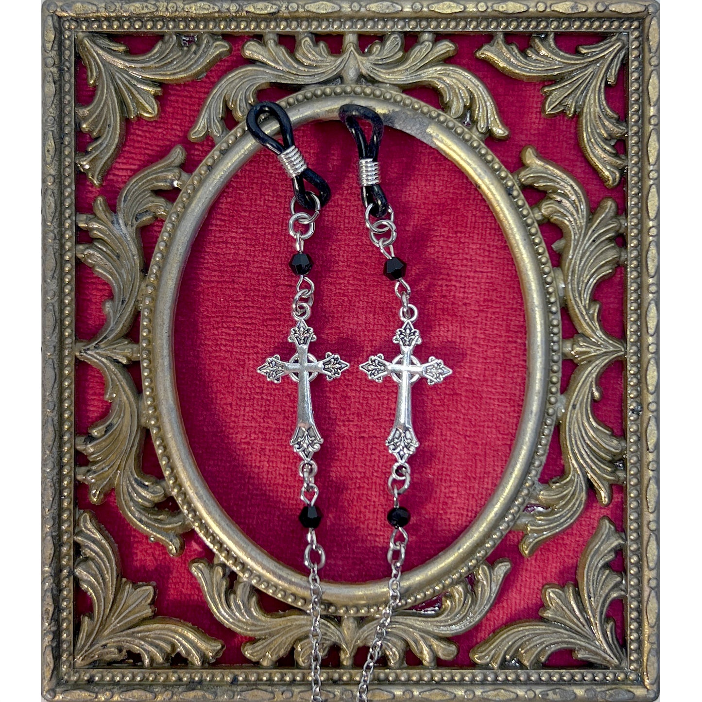 Silver Gothic Cross with Black Beads and Silver Chain for Glasses