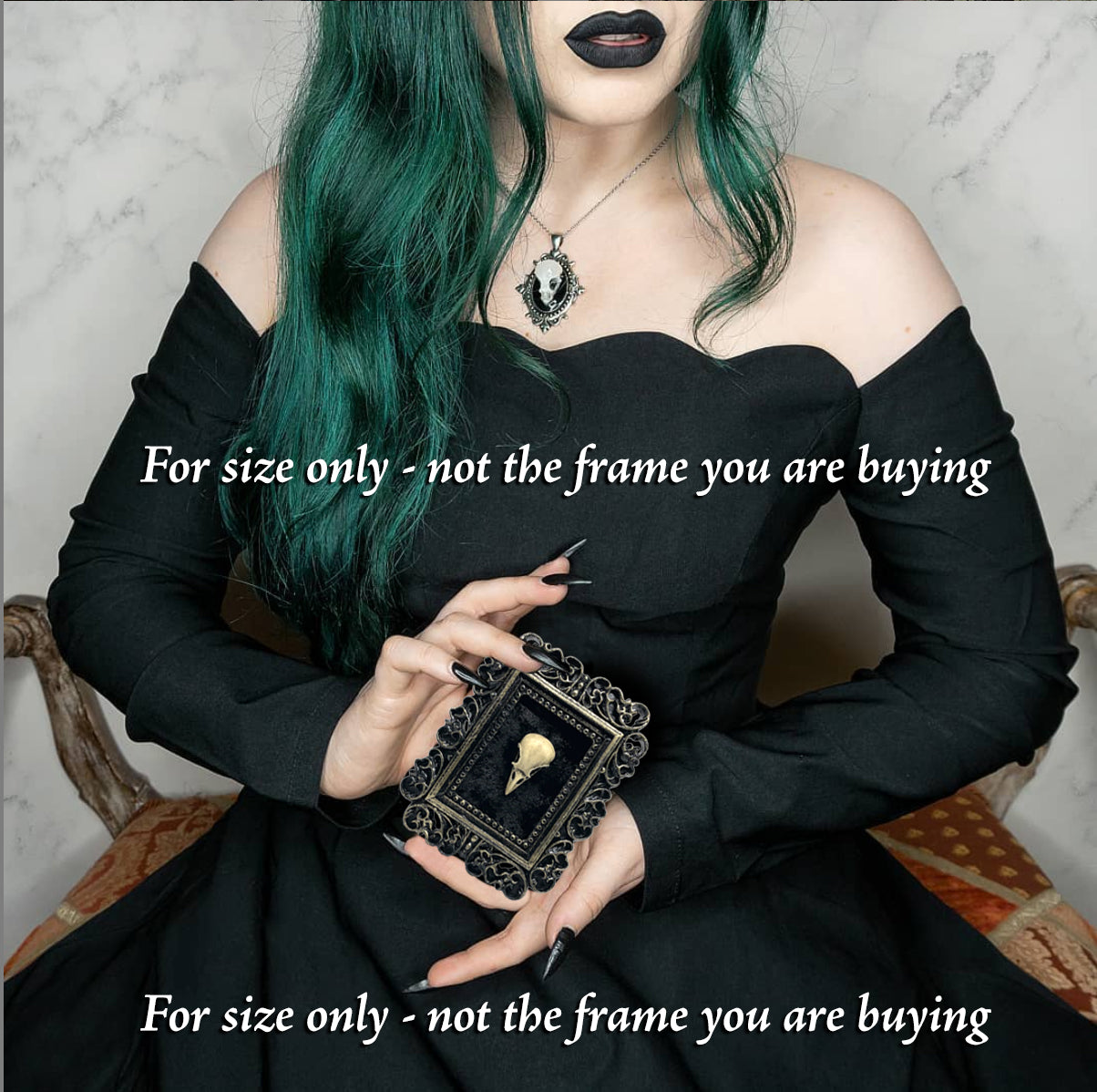 Small Black Gilded Resin Square Frame with Wolf Skull on Black Velvet Gothic Home Deco