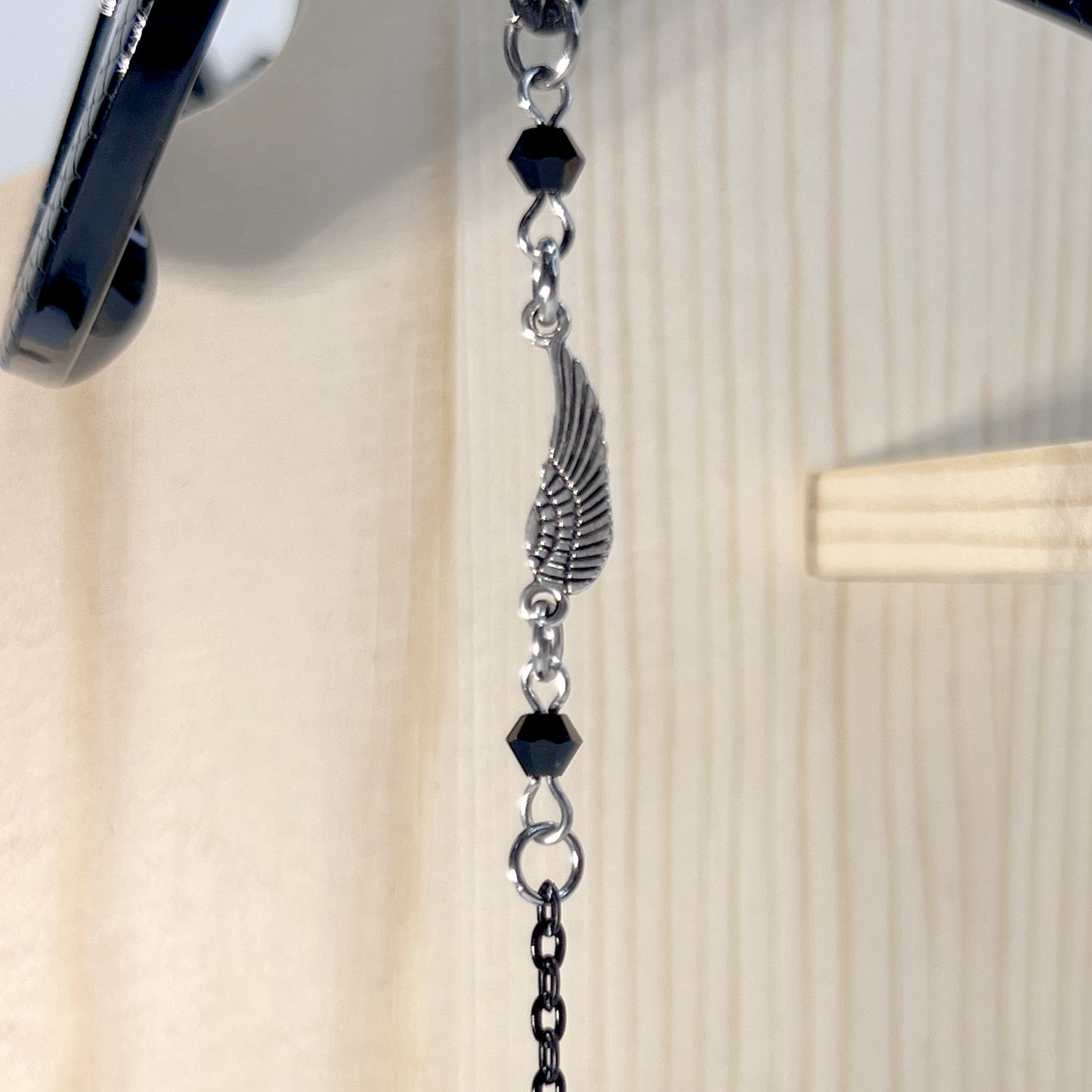 Small Silver Wings with Black Beads and Black Chain for Glasses