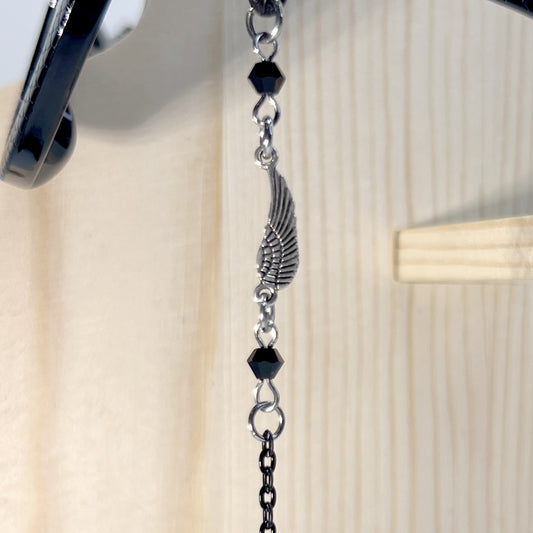 Small Silver Wings with Black Beads and Black Chain for Glasses