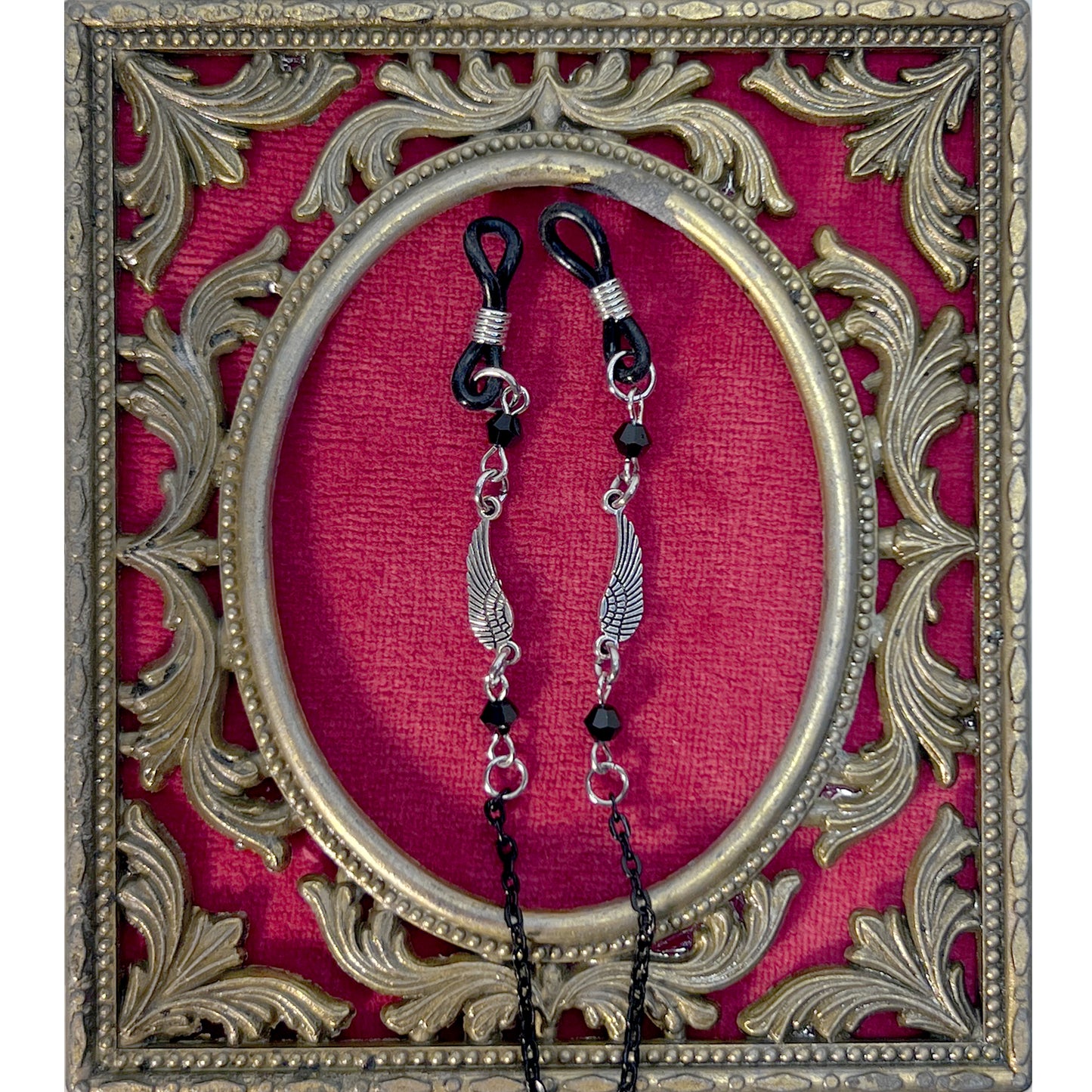 Small Silver Wings with Black Beads and Black Chain for Glasses