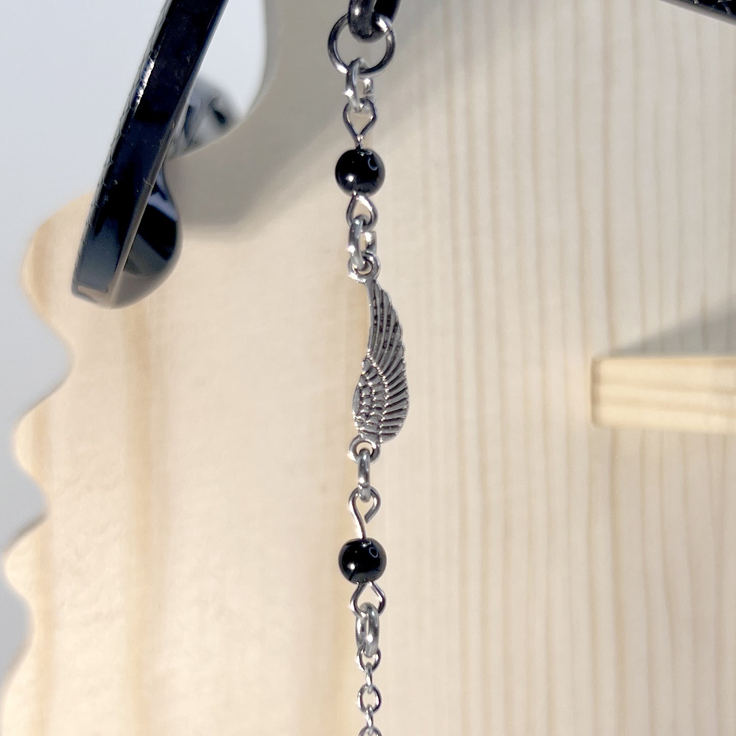 Small Silver Wings with Black Beads and Silver Chain for Glasses