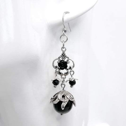 Old School Goth Large Black Glass Bead Earrings