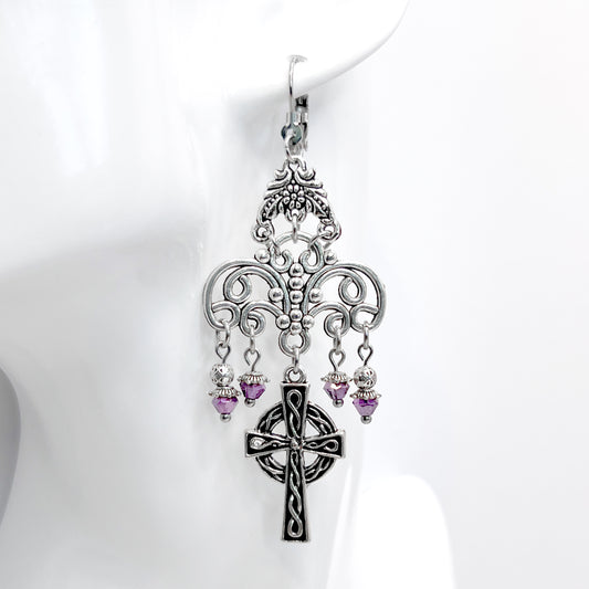 Old School Goth Chandelier Celtic Cross and Lavender Bead Earrings