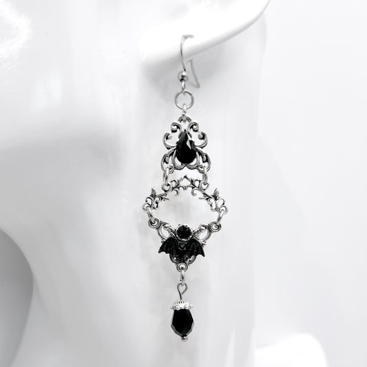 Old School Goth Silver and Black Tiny Bats Chandelier Earrings