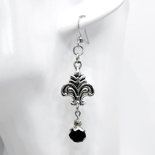 Old School Goth Silver Fleur de Lis and Black Glass Bead Earrings
