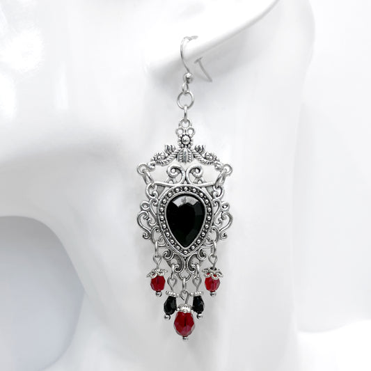 Old School Goth Chandelier Black and Red Beads Earrings