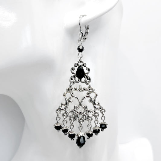 Old School Goth Chandelier and Black Bead Earrings