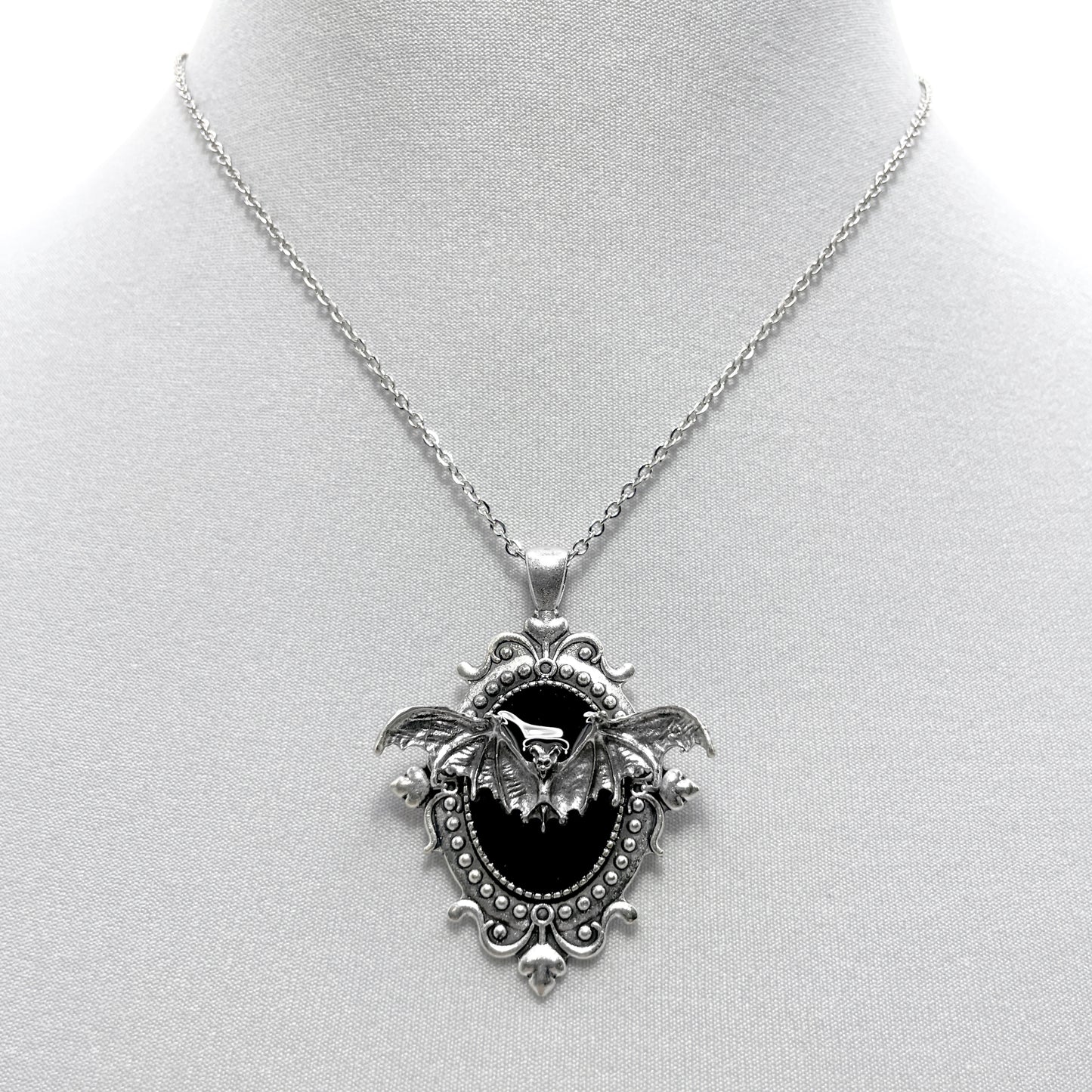 Silver Flying Bat on Black Victorian Pendant