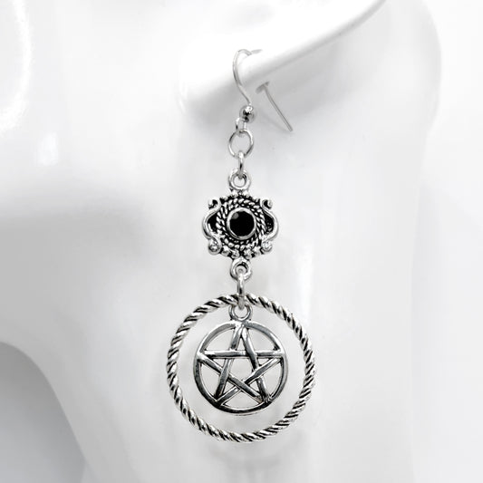 Old School Goth Silver Pentacle and Hoop Earrings