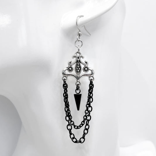 Old School Goth Silver and Black Chains Chandelier Earrings