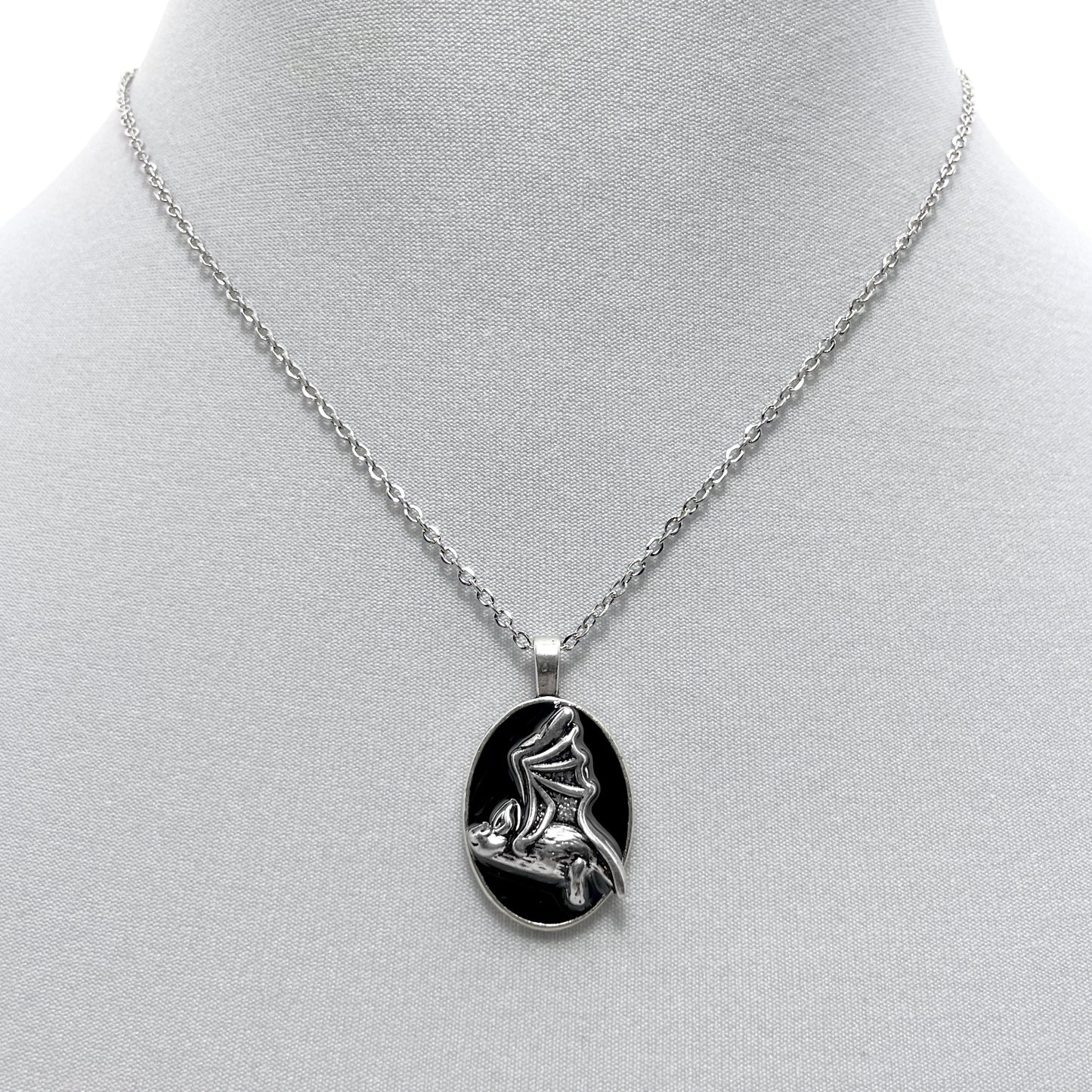 Silver Flying Bat on Black Necklace