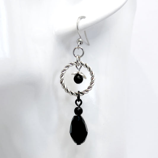 Old School Goth Silver and Black Glass Bead Earrings