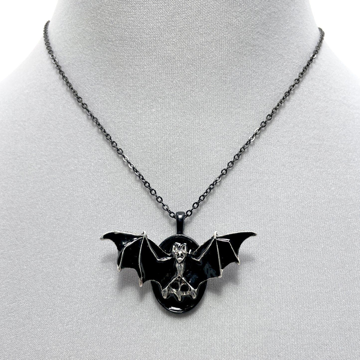 Black and Silver Bat on Black Victorian Necklace