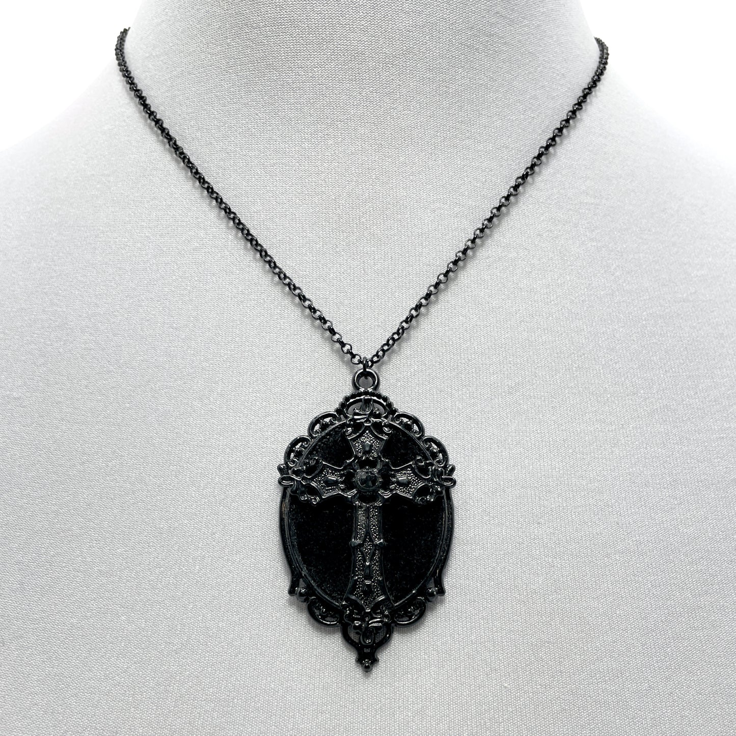 Black Gothic Cross on Black Velvet Necklace