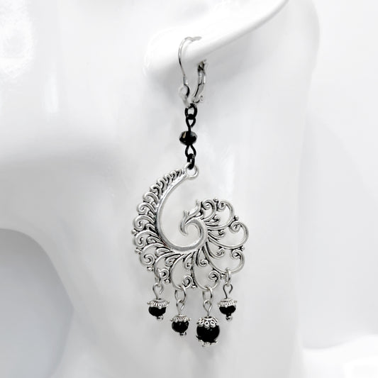 Old School Goth Silver Spiral and Bead Earrings