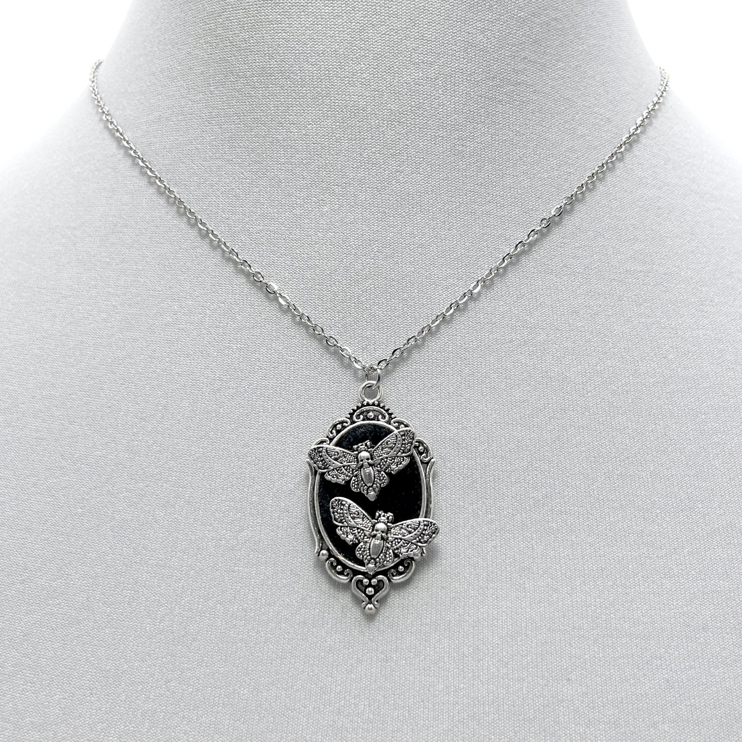 Tiny Death Head Moths on Black Velvet Necklace