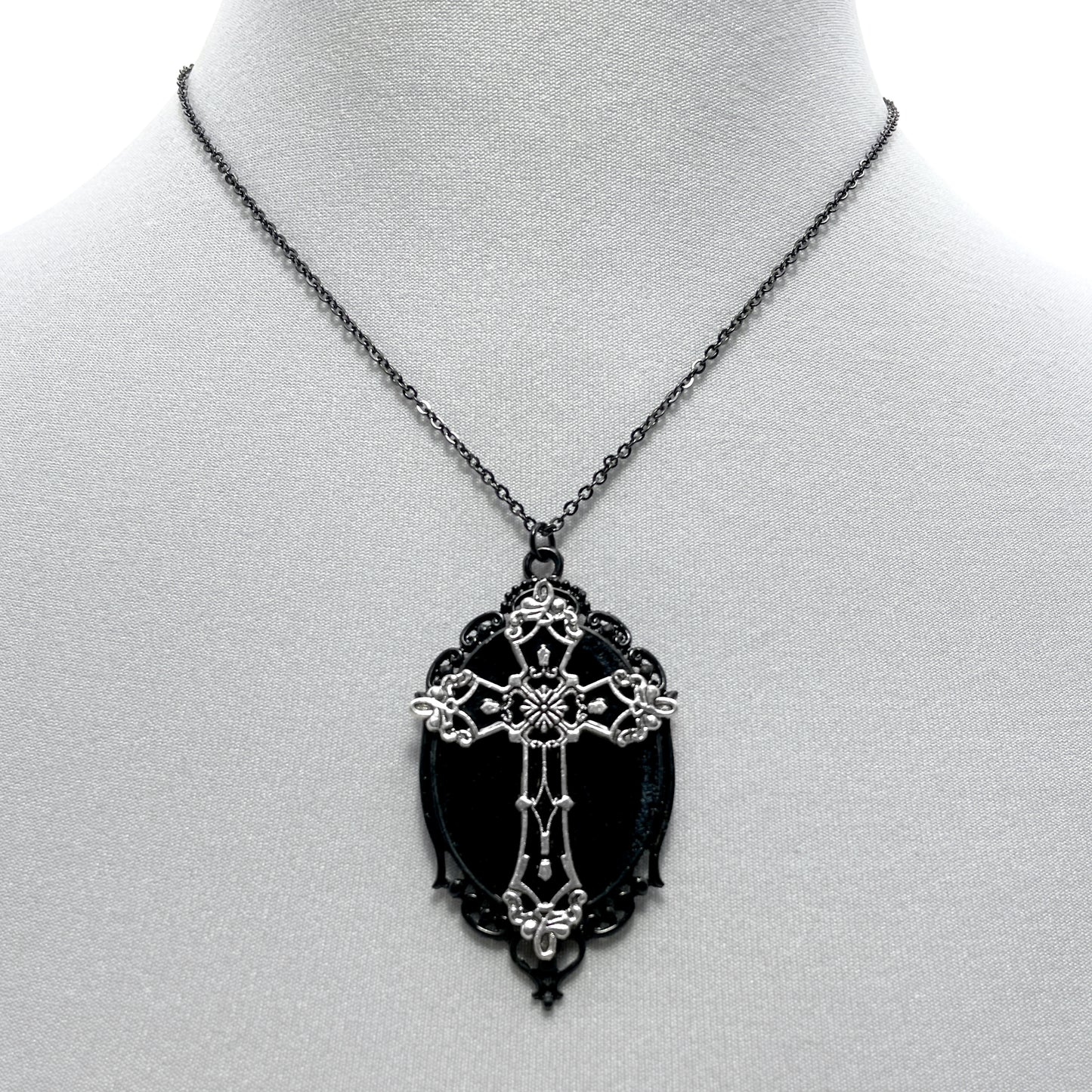 Black and Silver Gothic Cross on Black Velvet Necklace