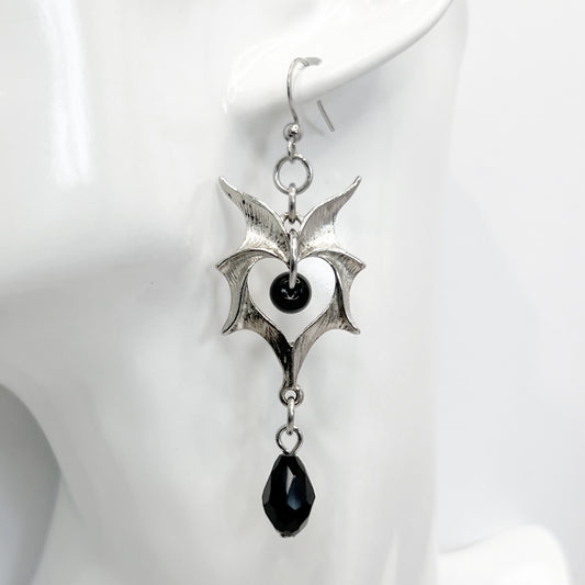 Spikey Silver Heart and Black Bead Earrings