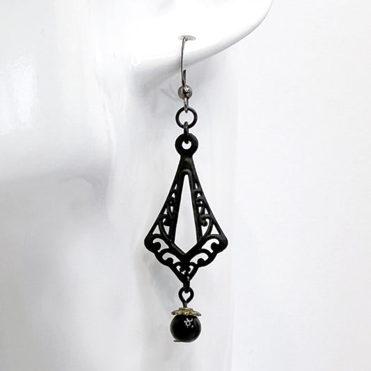 Old School Goth Matte Black Ornament and Black Glass Bead Earrings