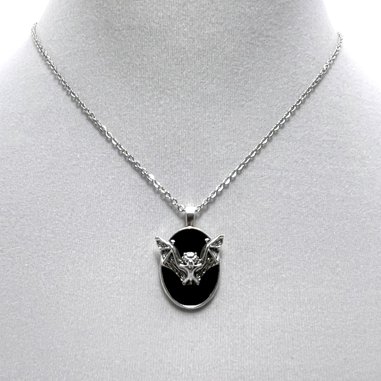Flying Silver Bat on Black Necklace
