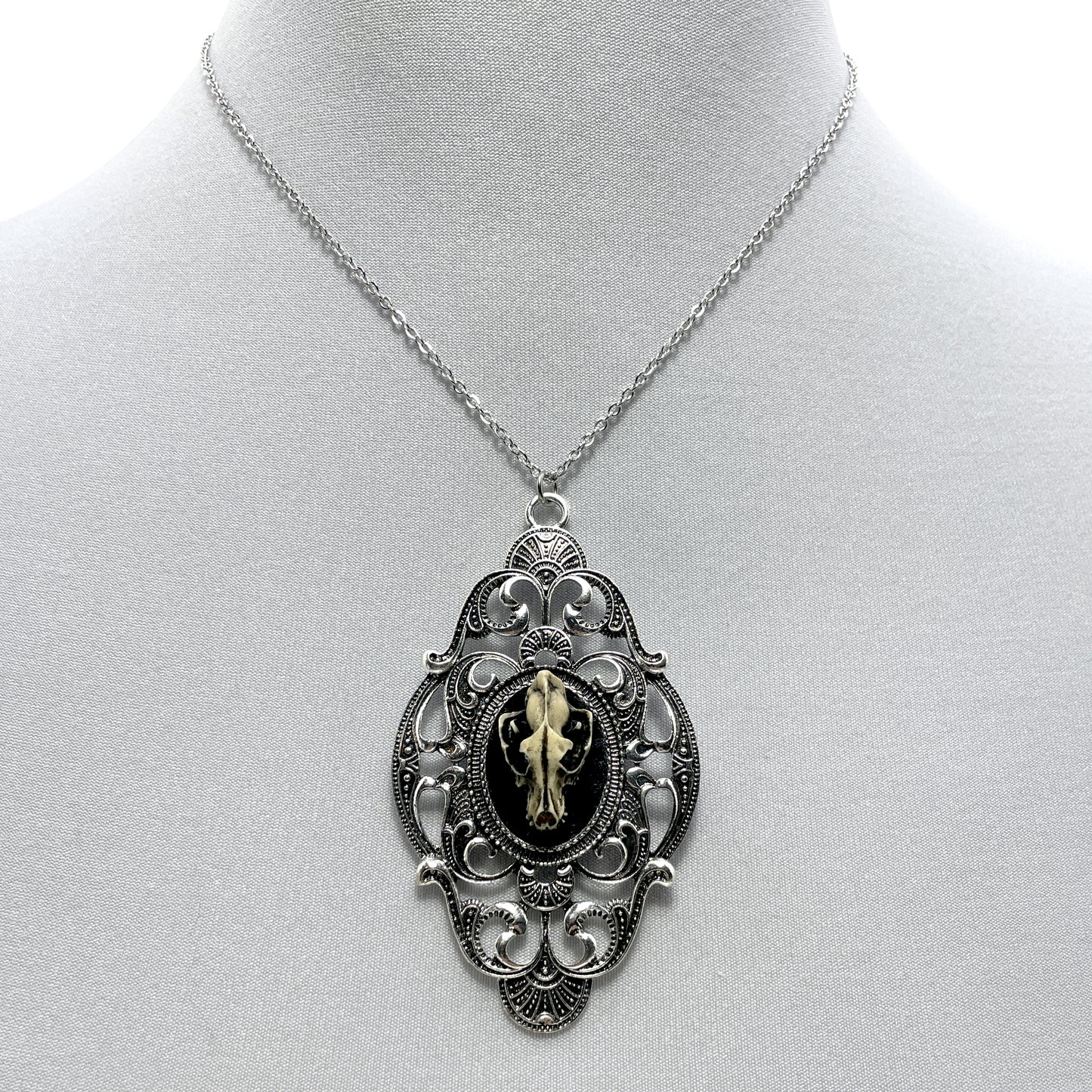 Resin Wolf Skull on Large Silver Victorian Pendant