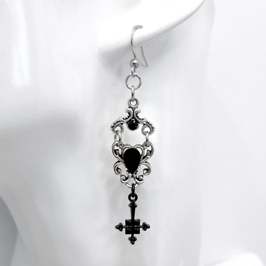 Old School Goth Silver and Black Inverted Cross Earrings
