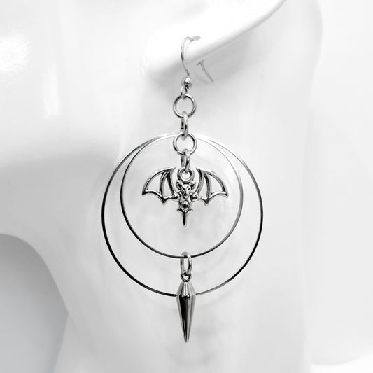 Double Hoop with a Bat and Hanging Spike Earrings
