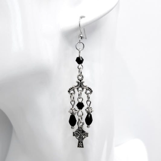 Old School Goth Chandelier Tiny Celtic Cross and Bead Earrings
