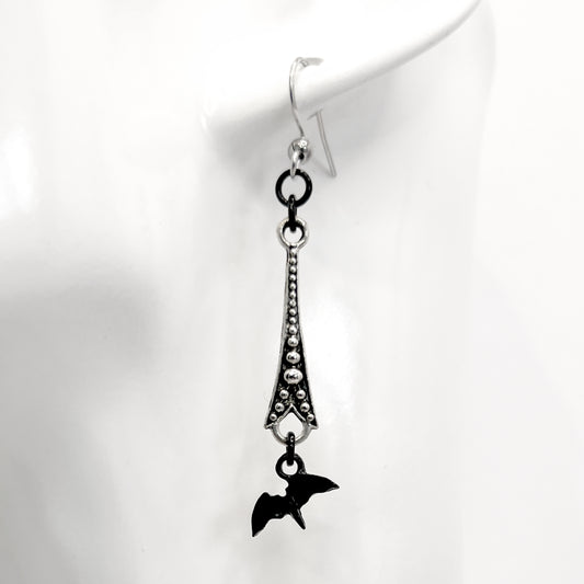 Old School Goth Silver and Tiny Flying Black Bat Earrings