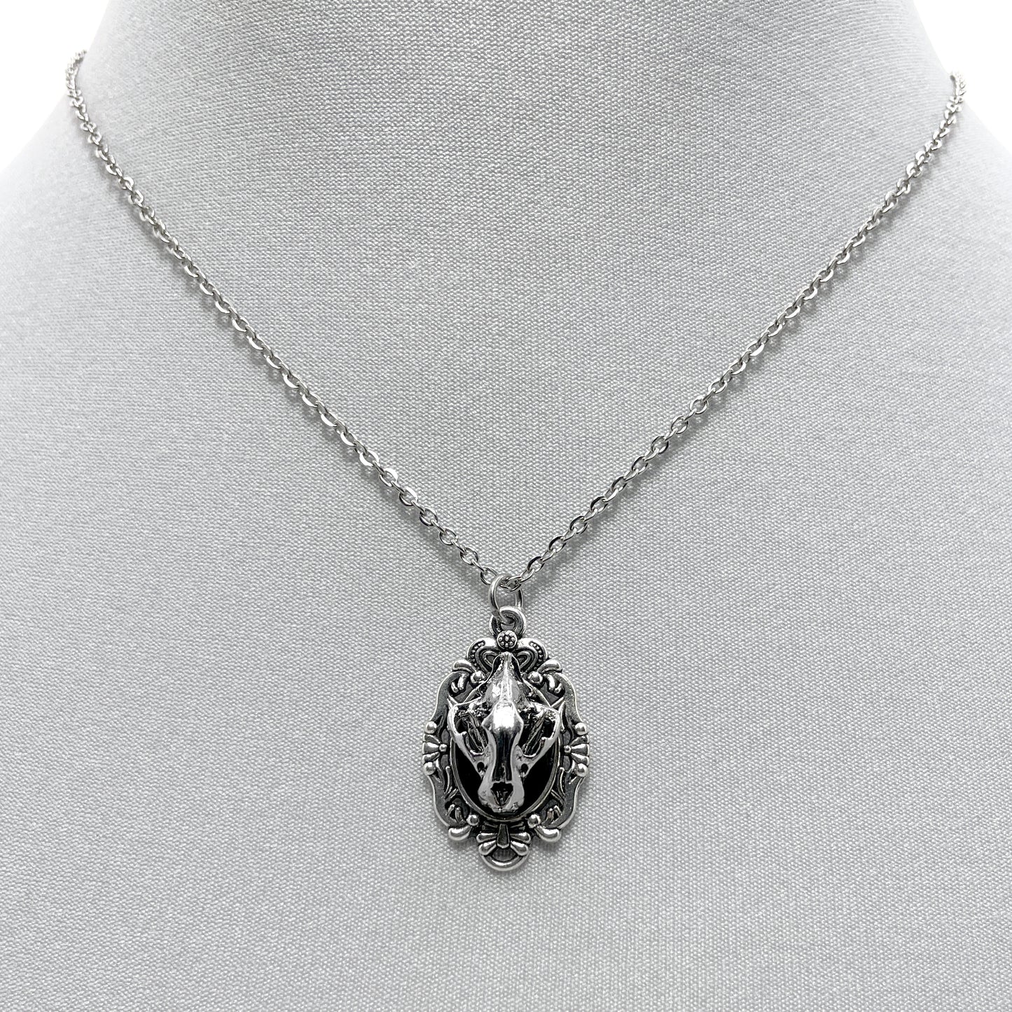 Tiny Metal Wolf Skull on Black Victorian Pendant