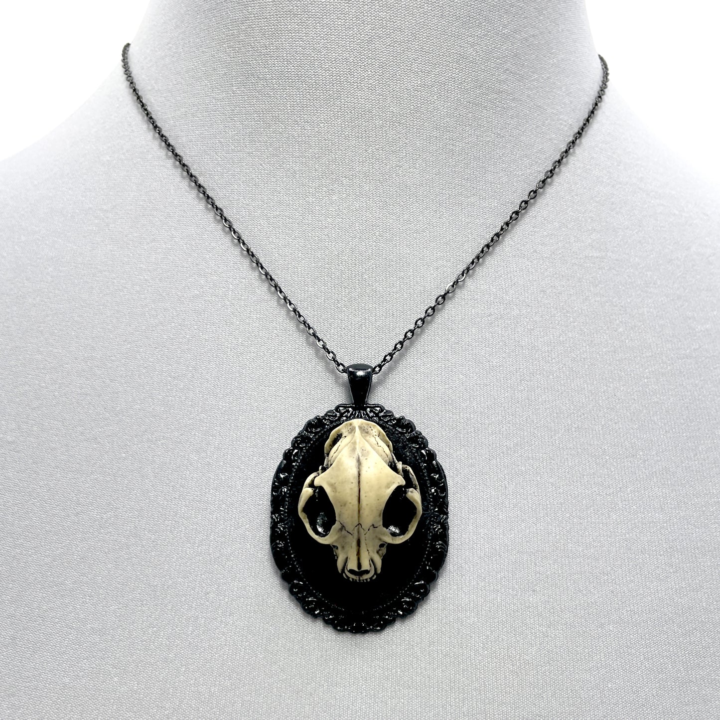 Resin Cat Skull on Black Velvet Necklace