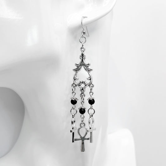 Old School Goth Chandelier Ankh and Bead Earrings