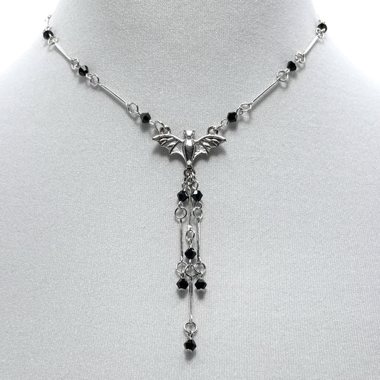 Silver Bat and Black Beads Necklace