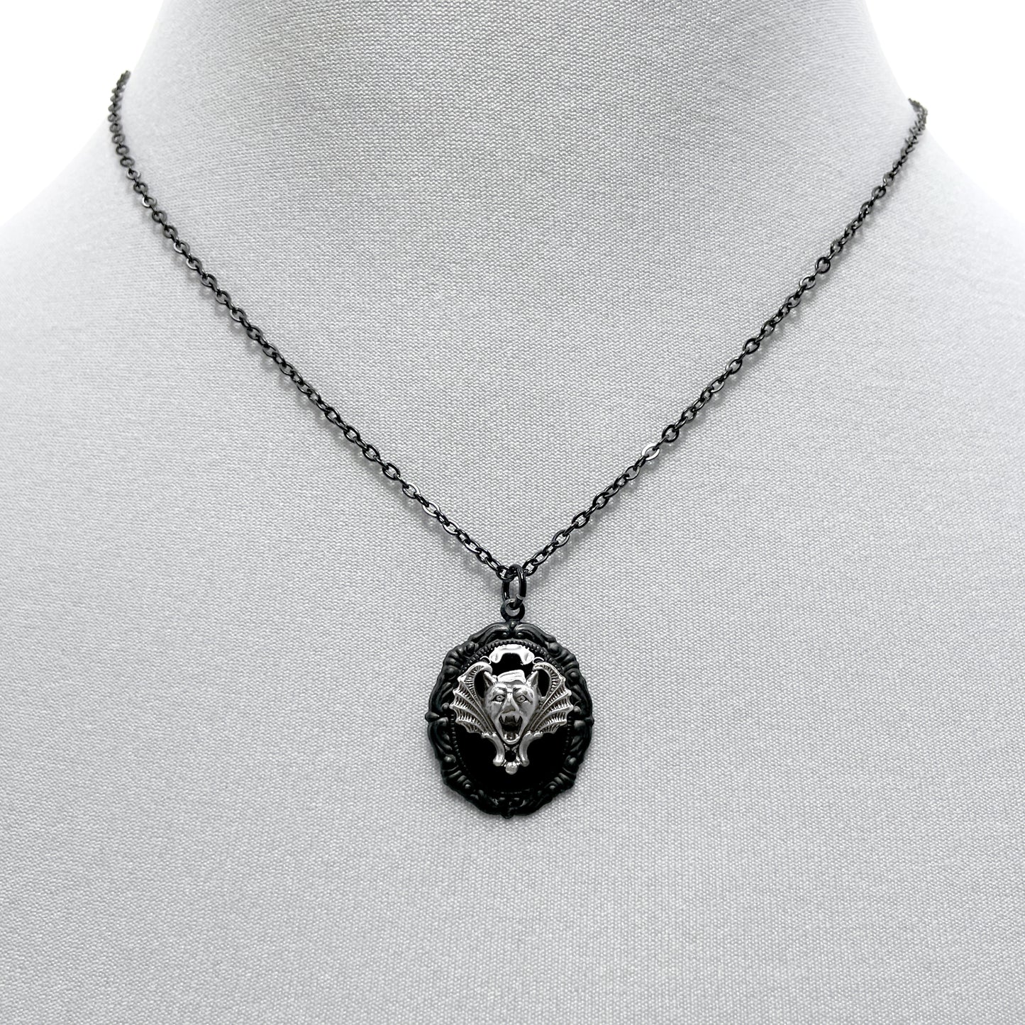 Small Silver Gargoyle on Black Necklace